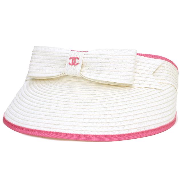 （新品・未使用品）シャネル CHANEL ココマーク リボン サンバイザー M ペーパー ストロー 綿56% レーヨン44% ホワイト ピンク 白 ピンク金具 AA7616 箱付