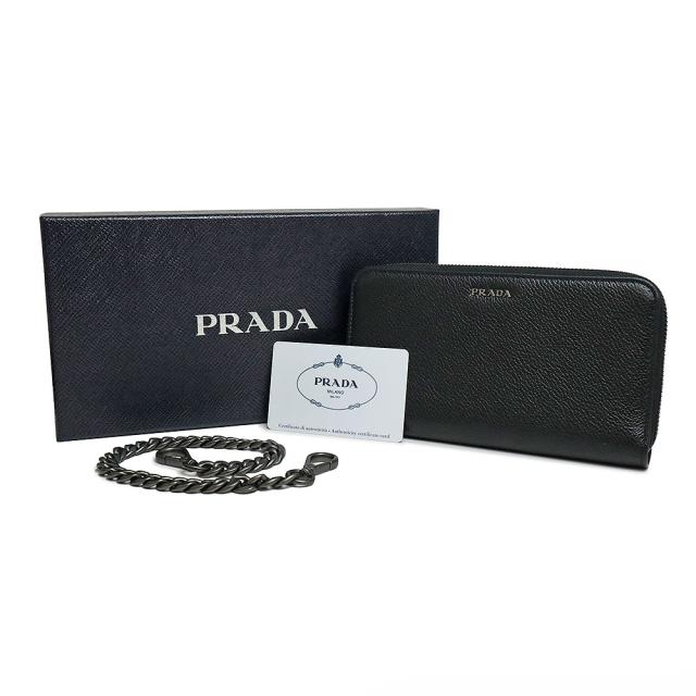 （新品・未使用品）プラダ PRADA チェーンストラップ付き ラウンドファスナー ジップ 長財布 ヴィテッロ マイクロ グレイン カーフレザー バイカラー ネロ メルクリオ ブラック グレー 黒 ガンメタル金具 2ML019 箱付_1