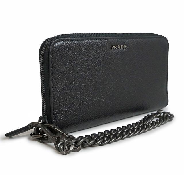 （新品・未使用品）プラダ PRADA チェーンストラップ付き ラウンドファスナー ジップ 長財布 ヴィテッロ マイクロ グレイン カーフレザー バイカラー ネロ メルクリオ ブラック グレー 黒 ガンメタル金具 2ML019 箱付_3