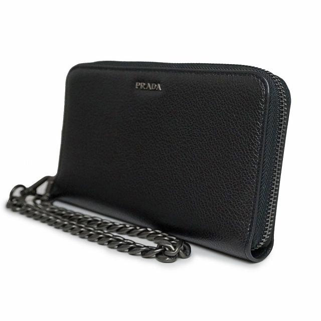 （新品・未使用品）プラダ PRADA チェーンストラップ付き ラウンドファスナー ジップ 長財布 ヴィテッロ マイクロ グレイン カーフレザー バイカラー ネロ メルクリオ ブラック グレー 黒 ガンメタル金具 2ML019 箱付_4