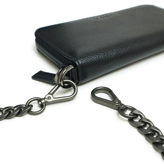 （新品・未使用品）プラダ PRADA チェーンストラップ付き ラウンドファスナー ジップ 長財布 ヴィテッロ マイクロ グレイン カーフレザー バイカラー ネロ メルクリオ ブラック グレー 黒 ガンメタル金具 2ML019 箱付_7