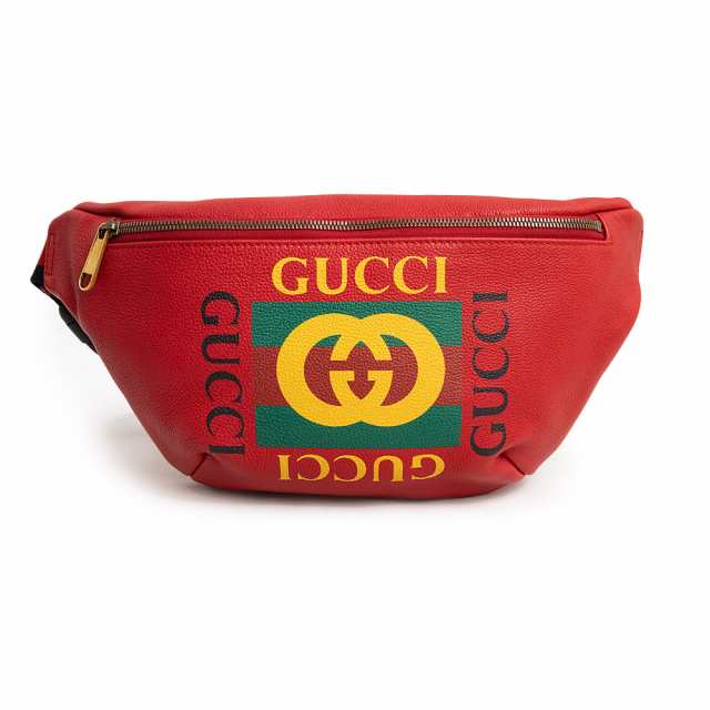 （未使用保管品）グッチ GUCCI プリント ボディ ベルトバッグ ウエストポーチ カーフスキン レザー レッド 赤 ヴィンテージゴールド金具