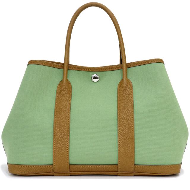 （新品・未使用品）エルメス HERMES ガーデンパーティ TPM 30 ハンドバッグ トワルオフィシエ キャンバス ネゴンダ レザー ヴェールクリケット オークル グリーン ブラウン 緑 茶 シルバー金具 Y刻印
