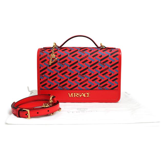 （未使用　展示品）ヴェルサーチ VERSACE ラ グレカ シグネチャー 2WAY ハンドバッグ ショルダーバッグ 斜め掛け PVC カーフスキン レザー レッド ブルー 赤 青 ゴールド金具 1001908_1