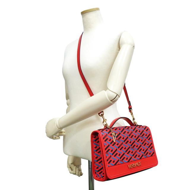 （未使用　展示品）ヴェルサーチ VERSACE ラ グレカ シグネチャー 2WAY ハンドバッグ ショルダーバッグ 斜め掛け PVC カーフスキン レザー レッド ブルー 赤 青 ゴールド金具 1001908_8