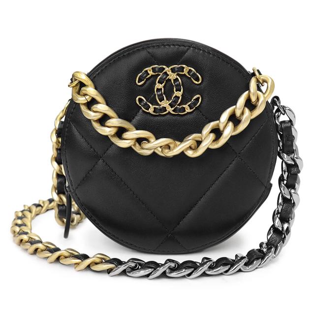 （未使用　展示品）シャネル CHANEL 19 ナインティーン ラウンド クラッチ マトラッセ チェーン ココマーク ポシェット ポーチ ショルダーバッグ 斜め掛け ラムスキン レザー ブラック 黒 アンティークゴールド シルバー金具 AP0945 箱付