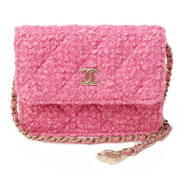 （新品・未使用品）シャネル CHANEL CC ココマーク マトラッセ ミニ チェーン ショルダー ポーチ ポシェット ベルトバッグ ツイード ピンク シャンパン ゴールド金具 箱付