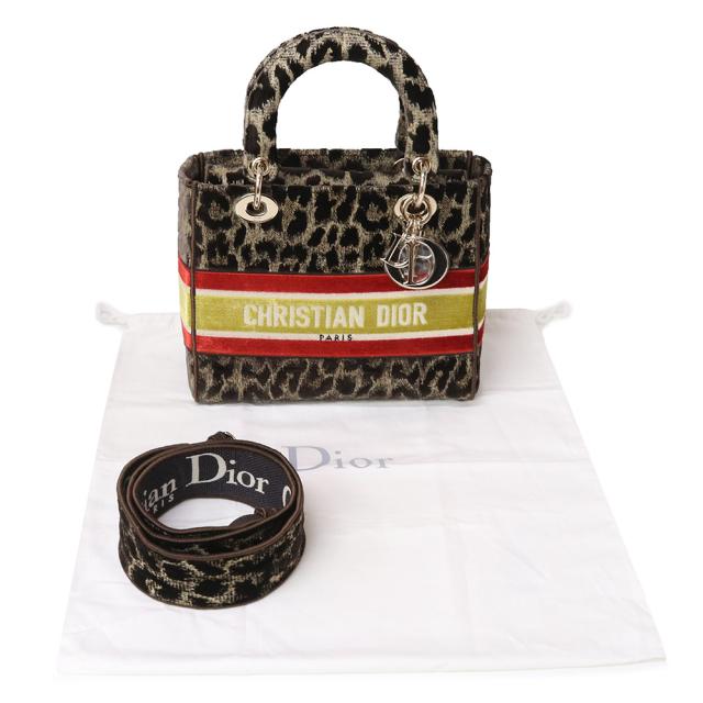 （未使用　展示品）クリスチャン ディオール Christian Dior LADY D LITE レディ ディライト ディーライト ミディアム ショルダー ハンドバッグ 斜め掛け 2WAY ミッツァ レオパード  エンブロイダリー べルベット ベージュ ブラウン レッド イエロー ゴールド金具 M0565OTGT_1