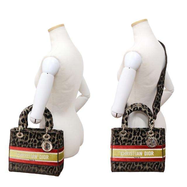 （未使用　展示品）クリスチャン ディオール Christian Dior LADY D LITE レディ ディライト ディーライト ミディアム ショルダー ハンドバッグ 斜め掛け 2WAY ミッツァ レオパード  エンブロイダリー べルベット ベージュ ブラウン レッド イエロー ゴールド金具 M0565OTGT_7