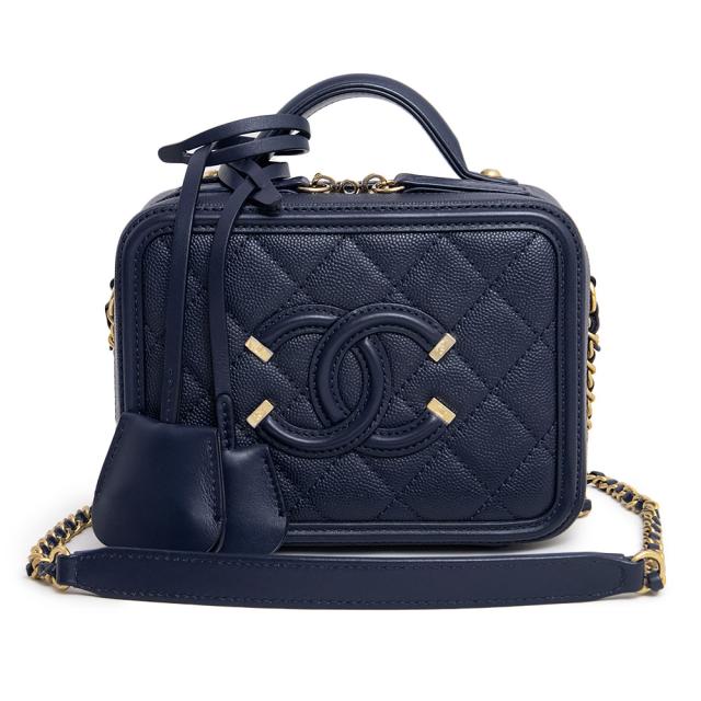 （新品・未使用品）シャネル CHANEL マトラッセ CCフィリグリー ココマーク バニティ 2Way チェーン ショルダーバッグ 斜め掛け キャビアスキン レザー ネイビー 紺 アンティークゴールド金具 A93342