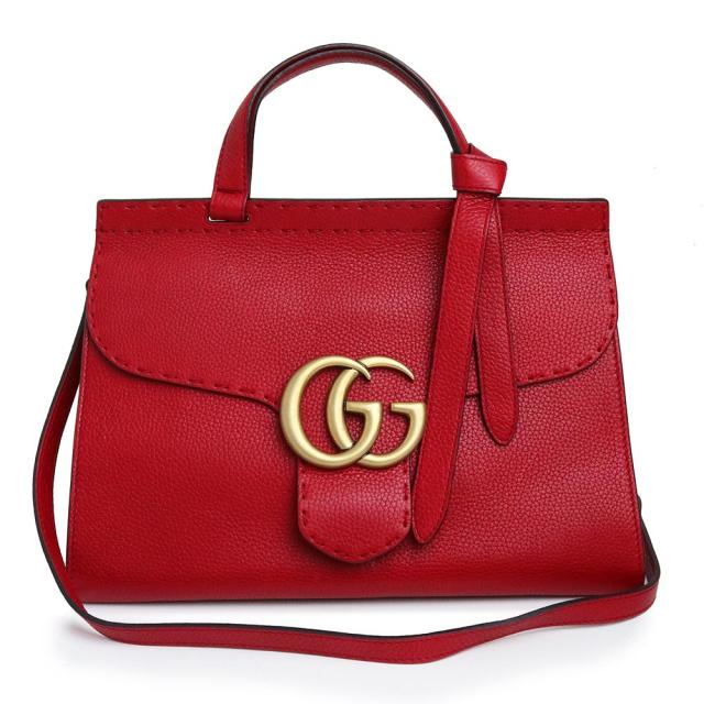 （未使用　展示品）グッチ GUCCI GGマーモント トップハンドル スモール 2way ショルダー ハンドバッグ 斜め掛け レザー レッド 赤 ゴールド金具 421890