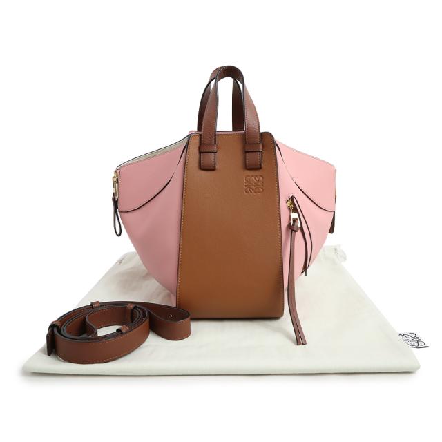 （新品・未使用品）ロエベ LOEWE ハンモック スモール 斜め掛け 2Way ショルダー ハンドバッグ グレインカーフレザー タン ミディアムピンク ブラウン 茶 ゴールド金具 387.30WS35