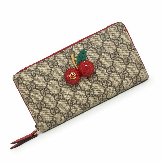 （新品・未使用品）グッチ GUCCI チェリー さくらんぼ ラウンドファスナー ジップ 長財布 GGスプリームキャンバス ベージュ レッド 赤 ヴ