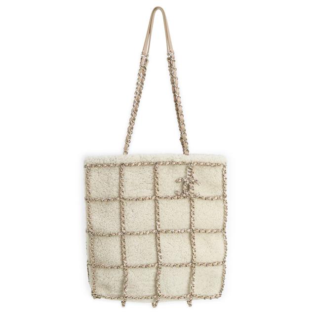 （新品・未使用品）シャネル CHANEL ショッピング チェーン ショルダー トートバッグ ムートン レザー ベージュ ゴールド金具 AS2103