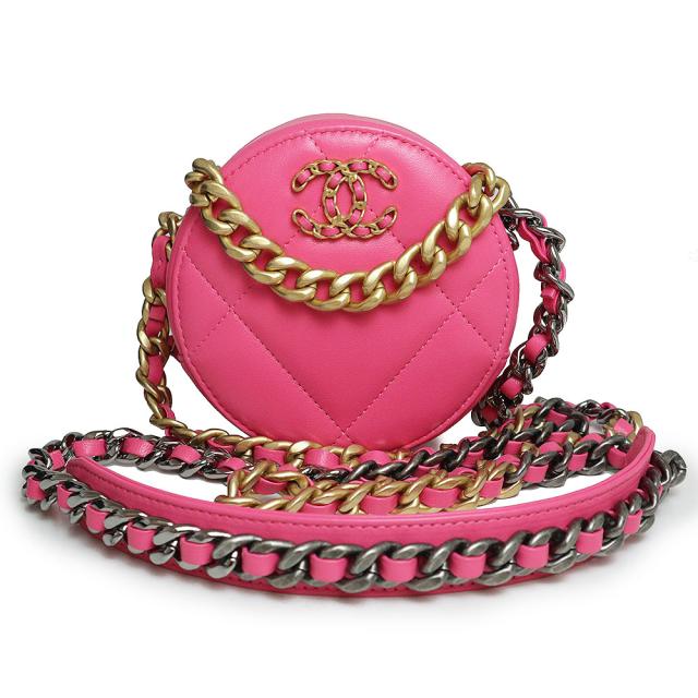 （新品・未使用品）シャネル CHANEL 19 ナインティーン マトラッセ チェーン ココマーク ラウンド クラッチ ポシェット ポーチ ショルダーバッグ 斜め掛け ラムスキン レザー ピンク ゴールド シルバー金具 AP0945