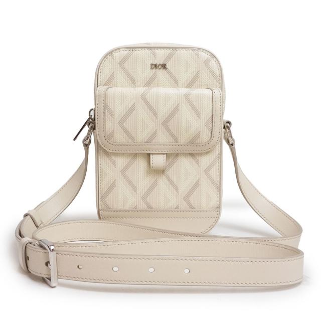 （未使用　展示品）クリスチャンディオール Christian Dior HIT THE ROAD バーティカルポーチ ショルダーバッグ 斜め掛け CDダイヤモンド PVC スムースカーフスキン レザー ライトベージュ シルバー金具 2ESCA415CDP 箱付