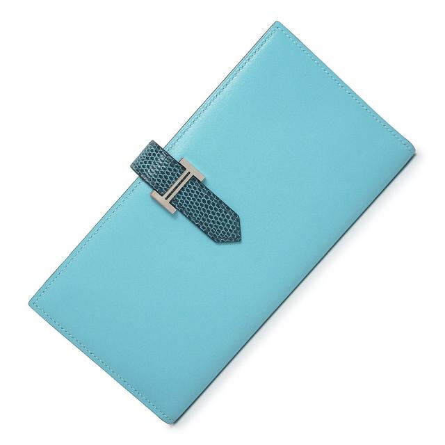 （未使用　展示品）エルメス HERMES ベアン スフレ タッチ 二つ折り長財布 ヴォータデラクト リザード エキゾチックレザー ブルーアトール ブルーペトロール 青 シルバー金具 A刻印