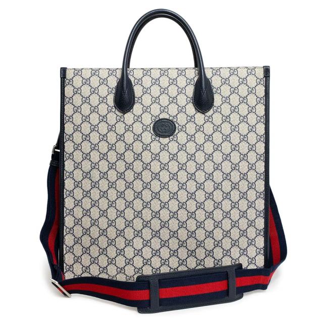 （新品・未使用品）グッチ GUCCI インターロッキングG ミディアム 2way トート ハンドバッグ 斜め掛け GGスプリームキャンバス レザー ネイビー ベージュ 紺 アンティークシルバー金具 674155