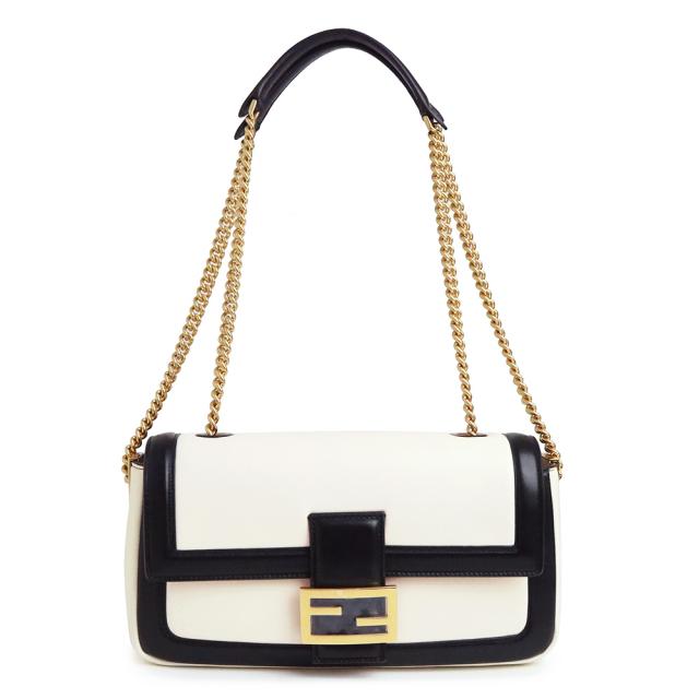 （未使用　展示品）フェンディ FENDI バゲット 2way チェーン ショルダーバッグ 斜め掛け ラムスキン レザー ウォーヴォ ネロ ホワイト ブラック 白 黒 ゴールド金具 8BR783