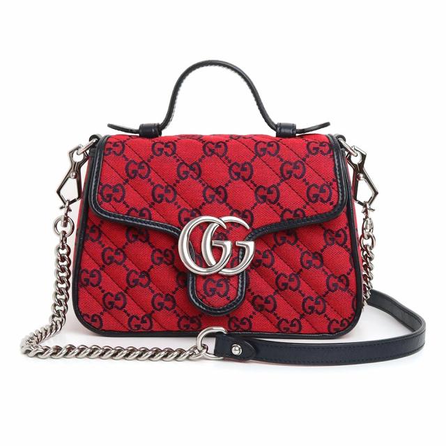 （新品・未使用品）グッチ GUCCI GGマーモント 2WAY ミニ トップハンドル キルティング ショルダー ハンドバッグ 斜め掛け GGキャンバス レザー レッド ダークネイビー 赤 紺 シルバー金具 583571