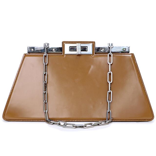 （未使用　展示品）フェンディ FENDI ピーカブー カット ミディアム  チェーン ショルダーバッグ ブラッシュドレザー ブラウン 茶 シルバー金具 8BN340