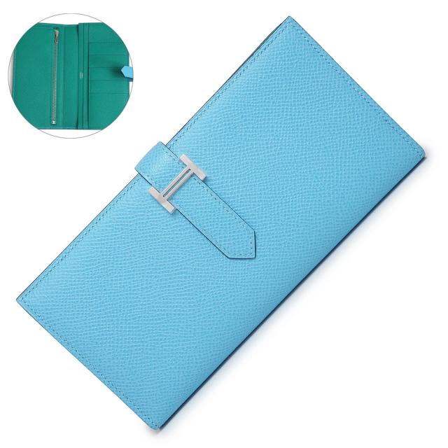 （新品・未使用品）エルメス HERMES ベアン スフレ ヴェルソ 二つ折り長財布 ヴォーエプソン レザー バイカラー セレスト セレステ ヴェールジェイド ライトブルー グリーン 青 緑 シルバー金具 B刻印 箱付