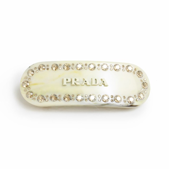 （新品・未使用品）プラダ PRADA ロゴ ラインストーン プレックス ヘアクリップ バレッタ 髪留め ヘアアクセサリー アイボリー ゴールド