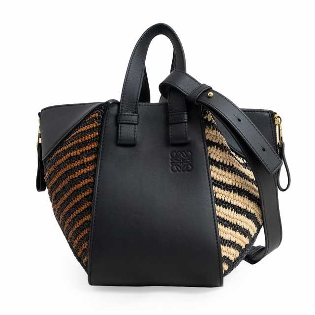 (未使用 展示品)ロエベ LOEWE ハンモック バッグ コンパクト 2WAY ショルダー ハンドバッグ カーフスキン レザー ラフィア ブラック ナチュラル 黒 茶 ゴールド金具 A538H13X34の通販は