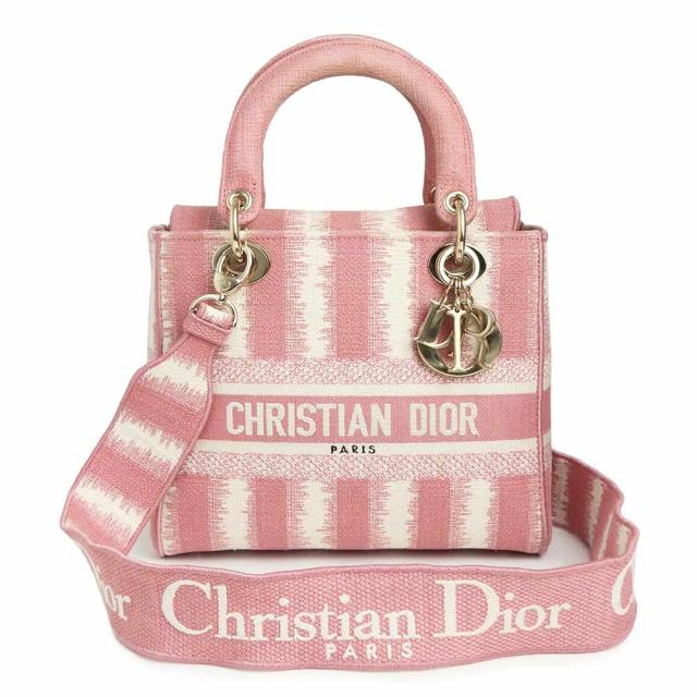 （中古）クリスチャンディオール Christian Dior Lady D-Lite レディ ディライト ミディアム 2way ショルダー ハンドバッグ 斜め掛け キャンバス ピンク アイボリー ゴールド金具 M0565ORFQ