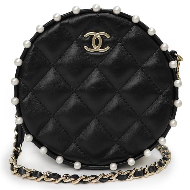 （未使用保管品）シャネル CHANEL ココマーク マトラッセ クラシック 丸型 ラウンド ミニポシェット チェーン ショルダーバッグ 斜め掛け カーフスキン レザー ブラック 黒 ゴールド金具 AP1050