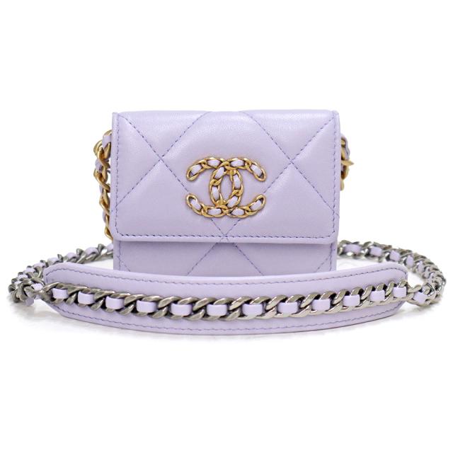 （新品・未使用品）シャネル CHANEL 19 ナインティーン スモール フラップ ウォレット ショルダーバッグ 斜め掛け ラムスキン レザー パープル 紫 シルバー アンティークゴールド アンティークシルバー金具 箱付