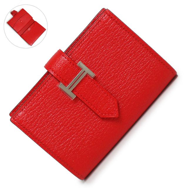 （新品・未使用品）エルメス HERMES ベアン ミニ 二つ折り財布 ケース 小銭入れ カードケース 名刺入れ パスケース 定期入れ シェブル シェーブルミゾール レザー ルージュドゥクール レッド 赤 シルバー金具 Y刻印 箱付