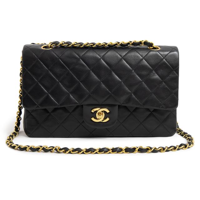 （中古）シャネル CHANEL マトラッセ 25 2way Wフラップ Wチェーン ショルダーバッグ 斜め掛け ラムスキン レザー ブラック 黒 ゴールド金具 A01112