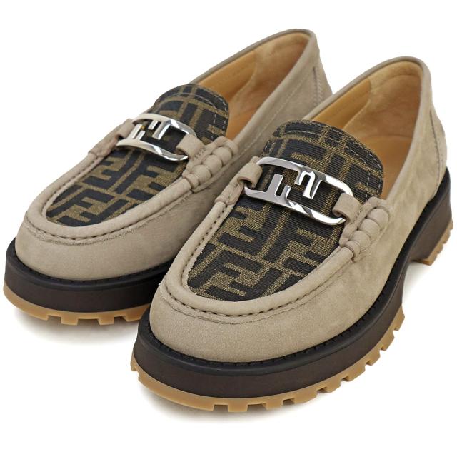 （未使用保管品）フェンディ FENDI オーロック ズッカ O Lock ローファー 靴 #5 24cm ヌバック レザー キャンバス ベージュ ブラウン 茶 シルバー金具 7D1581 箱付