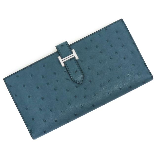 （未使用　展示品）エルメス HERMES ベアン スフレ 二つ折り長財布 オーストリッチ エキゾチックレザー ブルー 青 シルバー金具 U刻印 箱付