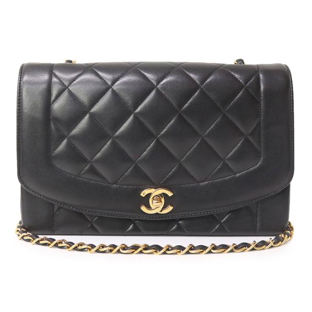 （中古）シャネル CHANEL ダイアナ 25 ココマーク マトラッセ チェーン ショルダーバッグ 斜め掛け ラムスキン レザー ブラック 黒 ゴールド金具 A01165