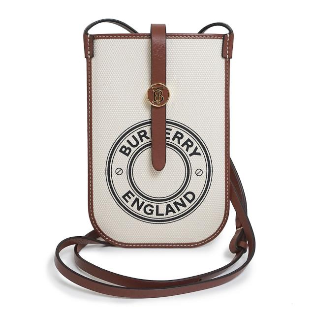 （新品・未使用品）バーバリー BURBERRY ANNE 携帯 スマホ フォンホルダー ポーチ ショルダーバッグ 斜め掛け コットン カーフスキン レザー ナチュラル タン ホワイト ブラウン 白 茶 ゴールド金具 8040877 箱付