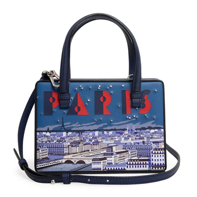 （未使用　展示品）ロエベ LOEWE ポスタル スモール シティ Paris パリ 斜め掛け 2WAY ショルダー ハンドバッグ カーフスキン レザー ネイビー マルチカラー 紺 シルバー金具 309.31.W85