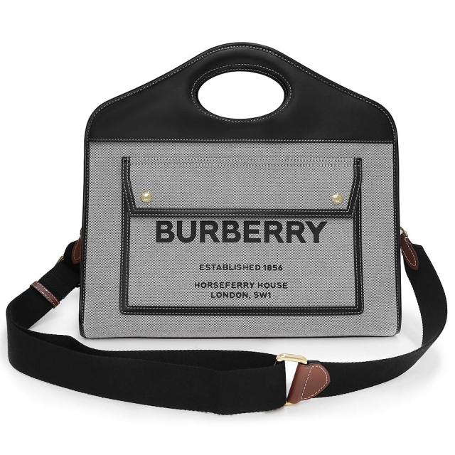 （未使用　展示品）バーバリー BURBERRY ツートン ミディアム ポケット 2way ショルダー ハンドバッグ 斜め掛け キャンバス カーフスキン レザー ブラック 黒 ゴールド金具 8036785