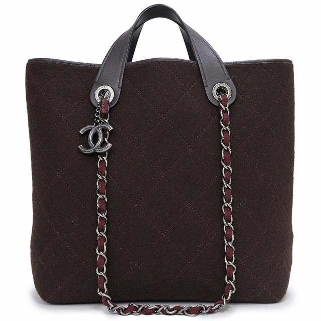 （中古）シャネル CHANEL マトラッセ 2way チェーンショルダー トートバッグ ウール レザー ブラウン 茶 アンティークシルバー金具 A66709