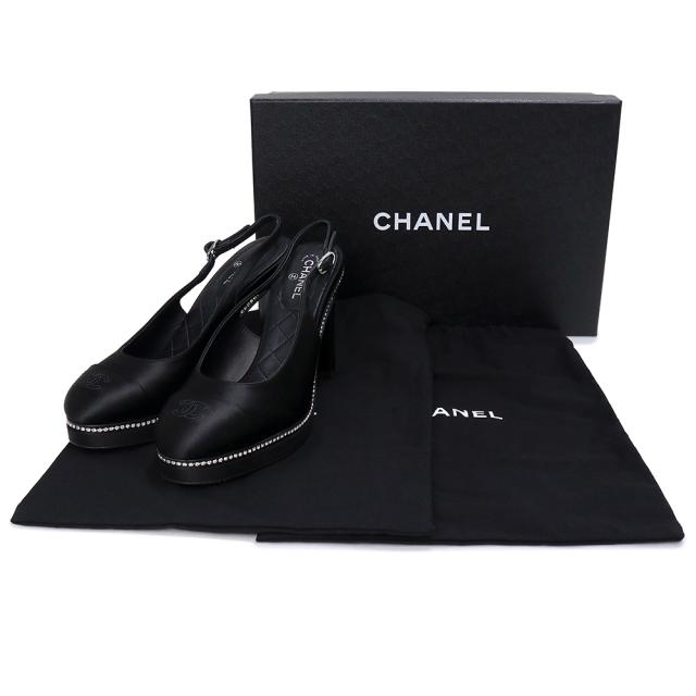 （未使用保管品）シャネル CHANEL ココマーク スリングバック シューズ パンプス 靴 #36.5 23.5cm サテン ストラス ブラック 黒 シルバー金具 G40062