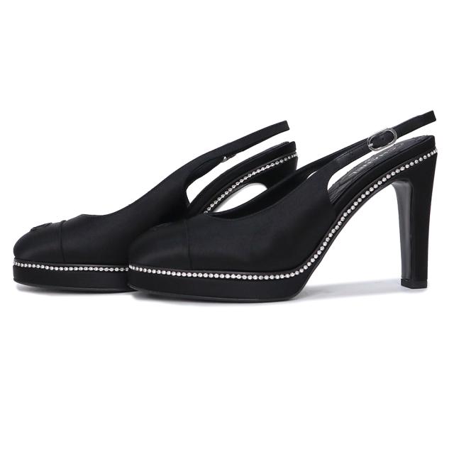 （未使用保管品）シャネル CHANEL ココマーク スリングバック シューズ パンプス 靴 #36.5 23.5cm サテン ストラス ブラック 黒 シルバー金具 G40062