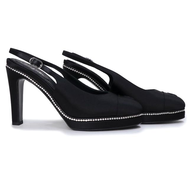 （未使用保管品）シャネル CHANEL ココマーク スリングバック シューズ パンプス 靴 #36.5 23.5cm サテン ストラス ブラック 黒 シルバー金具 G40062