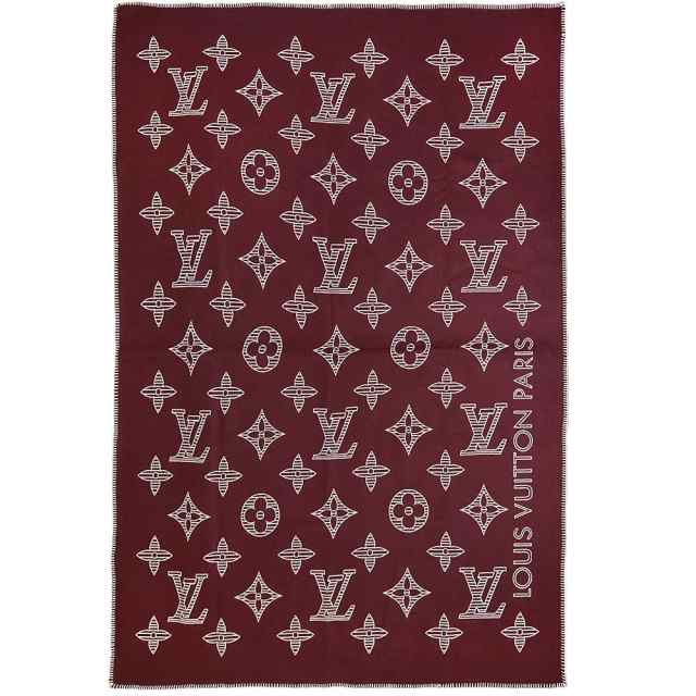 （美品）ルイ ヴィトン LOUIS VUITTON ブランケット 膝掛け モノグラムシャドウ レザー ウール カシミヤ ボルドー ワインレッド ホワイト 赤 白 M79364の通販は