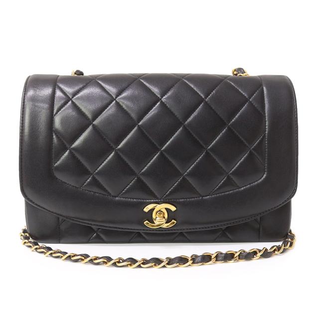 （中古）シャネル CHANEL ダイアナ 25 ココマーク マトラッセ チェーン ショルダーバッグ 斜め掛け ラムスキン レザー ブラック 黒 ゴールド金具 A01165