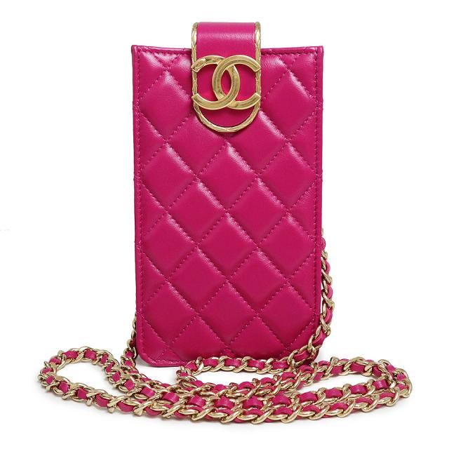 （未使用　展示品）シャネル CHANEL マトラッセ ココマーク 携帯 スマホ フォンホルダー チェーン ショルダーバッグ 斜め掛け ラムスキン レザー フューシャ ピンク アンティークゴールド金具 AP2981 箱付