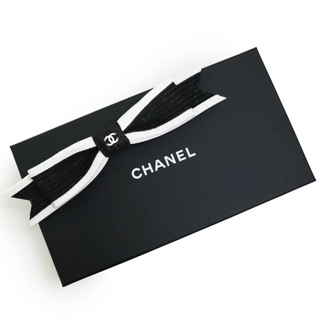 （新品・未使用品）シャネル CHANEL ボウ バレッタ ヘアクリップ リボン CC ココマーク バイカラー ヘアアクセサリー ペーパー コットン ビスコース ブラック ホワイト 黒 白 箱付_1