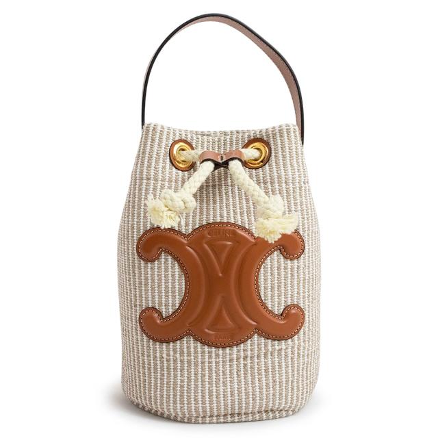 （新品・未使用品）セリーヌ CELINE トリオンフ ティーン ドローストリング ストライプ バケット ハンドバッグ コットン カーフスキン レザー ベージュ ゴールド金具 196532FEA