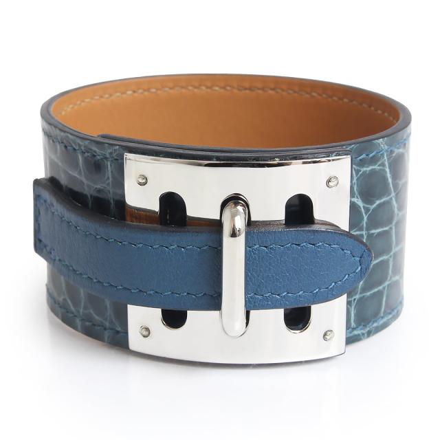 （新品・未使用品）エルメス HERMES インテンス ブレスレット Mサイズ クロコダイル アリゲーター エキゾチックレザー コルヴェール グリーン ブルー 緑 青 シルバー金具 T刻印