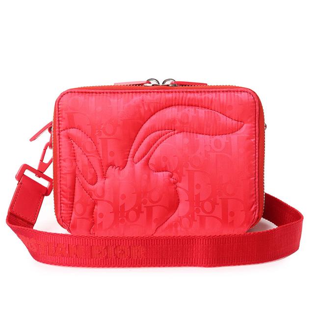 （新品・未使用品）クリスチャンディオール Christian Dior ERLコラボ ストラップ付き ジップポーチ ミラージュ キルティング ラビット うさぎ ショルダーバッグ 斜め掛け スムースカーフレザー ナイロン レッド 赤 シルバー金具 2ESBC119RAY 箱付